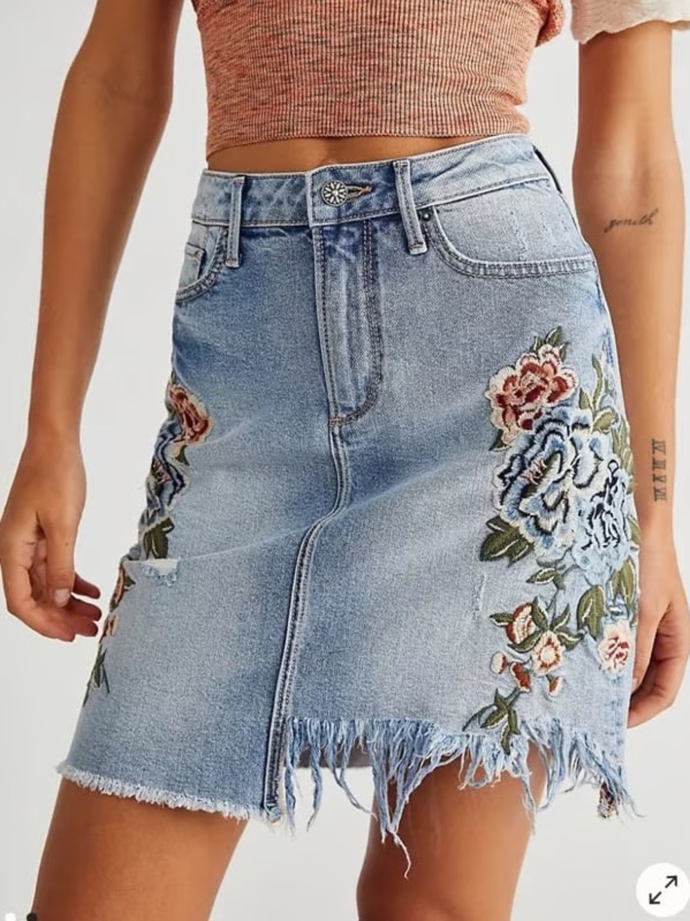 Driftwood Veronica Seville Destructed Denim mini Skirt Floral embroidered frayed